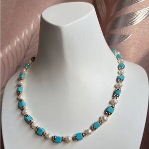 Natural Turquoise & Freshwater Pearl Necklace 14K Gold Filled